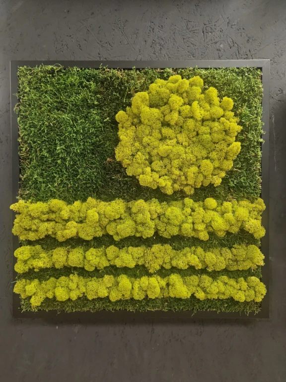 Exemple de cadre mural avec des végétaux stabilisés : lichen coloré en vert clair sur mousse végétale. Cadre noir.