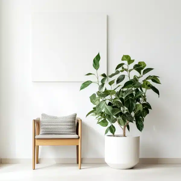 photo d'une plante pour salon dans un décor minimaliste avec un ficus dans un pot blanc