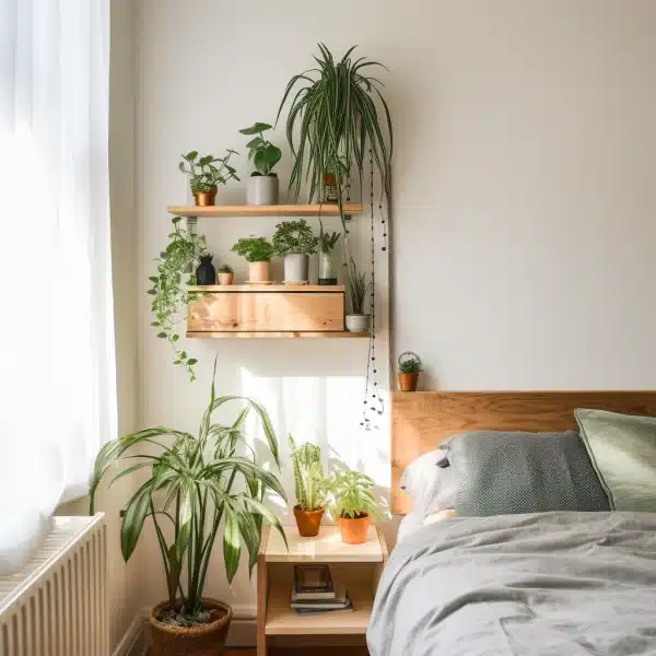 plante dans une chambre posée à côté du lit